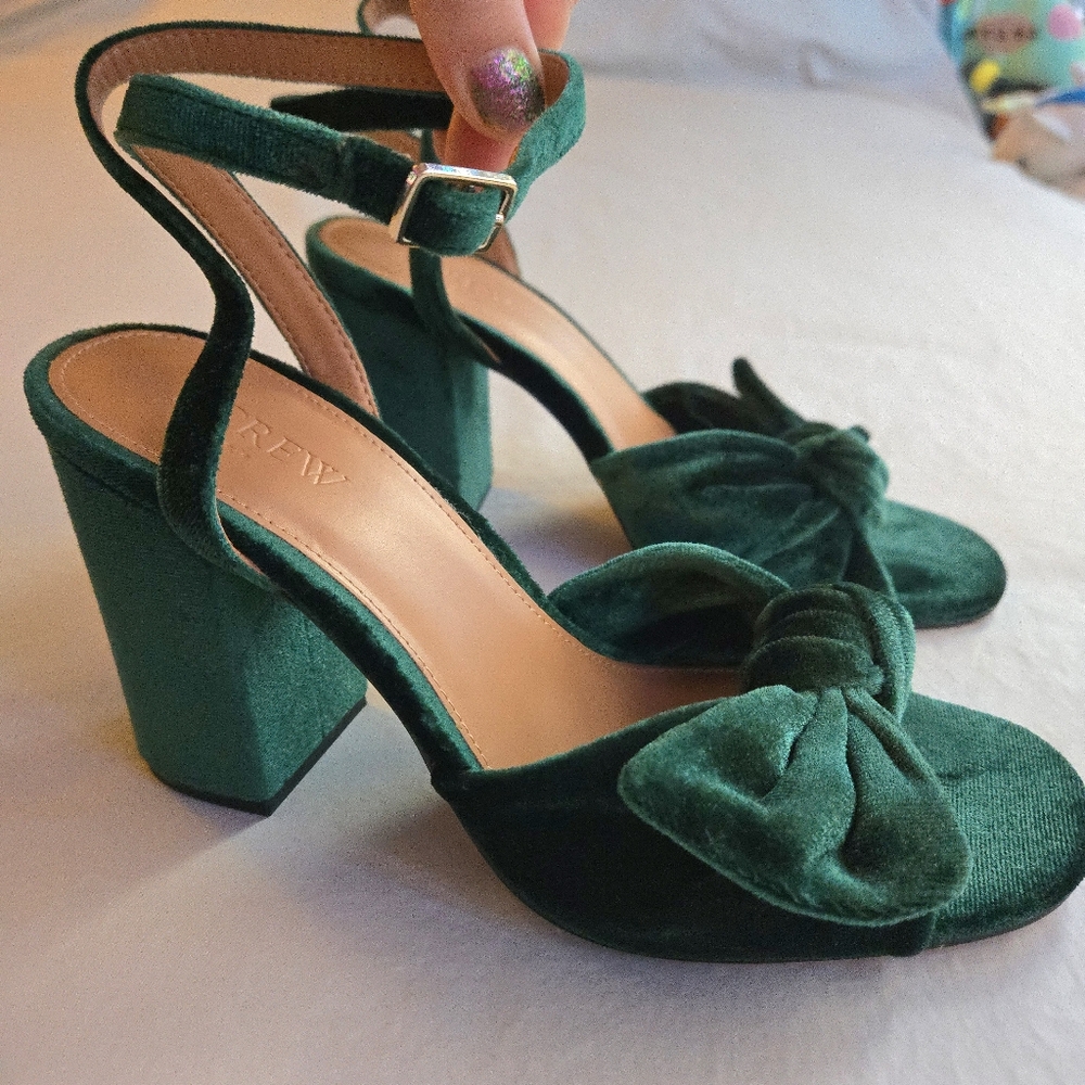 J.Crew Emerald Green Velvet Knotted Peep-Toe Ankle Strap Sandal Block Heels